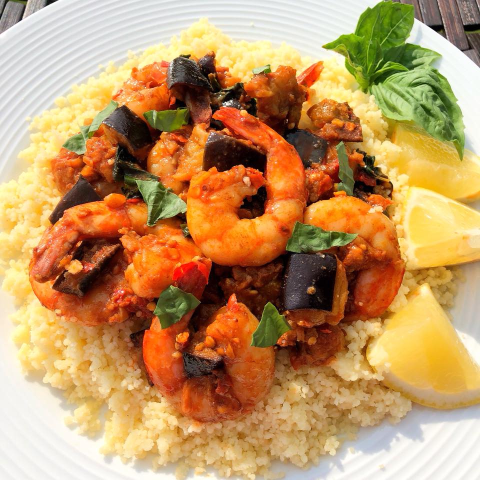 HARISSA SHRIMP WITH EGGPLANT AND BASIL - Let's Cook Some Food